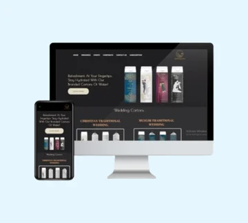 A computer monitor and a smartphone display a website showcasing several custom water bottle designs on a black background, with descriptions and navigation menus visible on both screens.