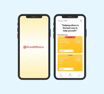 Two smartphones display the GiveNShare app; the left screen shows the app logo, while the right screen shows a welcome message, a quote about helping others, and a list of recent food donations and requests.