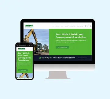 A smartphone and a computer monitor display the same landscaping company website with a green theme, showing a construction vehicle and the text Start With A Solid Land Development Foundation.