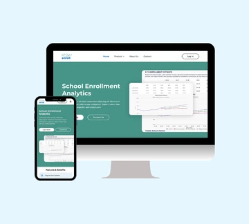Computer monitor and smartphone displaying a website for school enrollment analytics, featuring charts, graphs, and information on a clean teal and white interface, set against a light blue background.