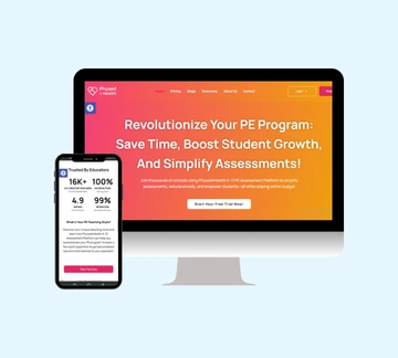 A desktop monitor and smartphone display the Physed Rewards website with a headline promoting savings in time, student growth, and simplified assessments on an orange gradient background.