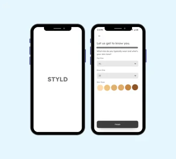 Two smartphones are shown on a light blue background. The left screen displays the text STYLD. The right screen shows a style questionnaire asking about top size, dress size, and skin tone with color options.