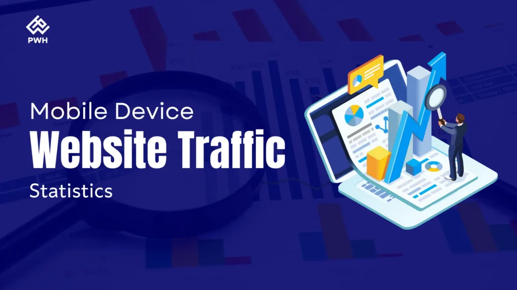Mobile Device Website Traffic Statistics (2025 Trends) 17 A graphic with the text Mobile Device Website Traffic Statistics shows a magnifying glass, charts, and a laptop displaying analytics, representing analysis of website traffic data.