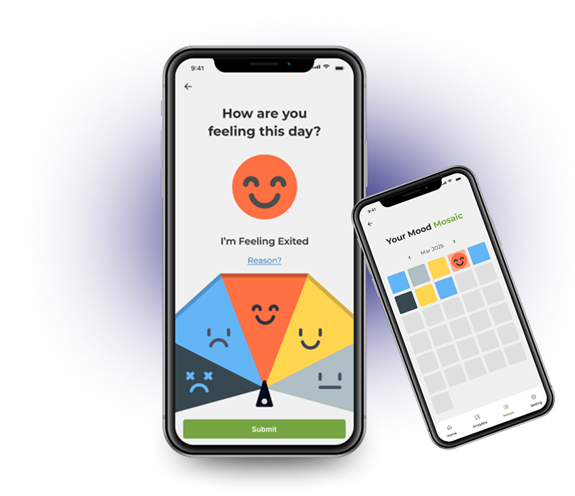 Two smartphones display a mood-tracking app. One screen shows a mood selection with a smiling face and colored segments for different emotions. The other screen shows a calendar grid tracking daily moods.