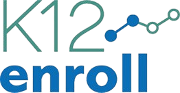 Logo with “K12” in large green letters and numbers above the word “enroll” in bold blue letters. To the right, three connected blue and green dots form an upward trending line graph.