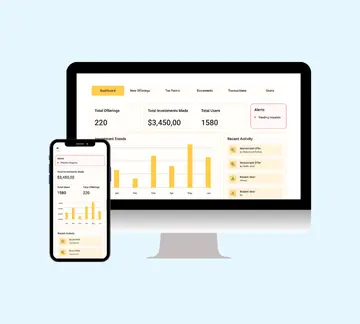 A computer monitor and a smartphone display a financial dashboard with charts, graphs, and statistics on offerings, investments, users, and recent activity, all using a yellow and white color scheme.