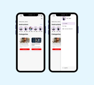 Two smartphones display an education app interface showing instructor profiles, course categories, and a profile menu with options like Profile, FAQ, Connect Discord, and Log Out.