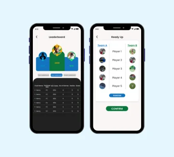 Two smartphones display a leaderboard and team arrangement screen for a game app. The left shows players’ scores and avatars; the right shows two teams with player names and profile images, plus buttons for randomizing teams and confirming.