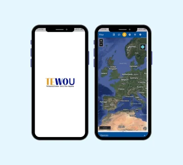 Two smartphones side by side; the left screen displays the TEWOU app logo on a white background, while the right screen shows a map of Europe and North Africa within the app interface.