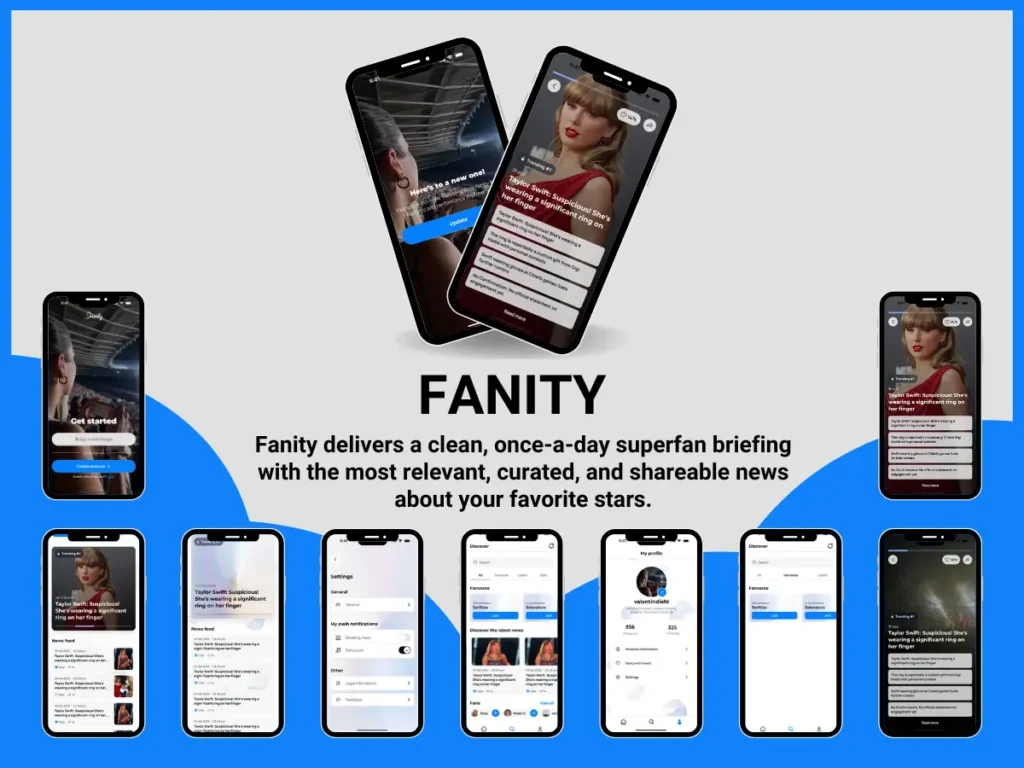 A promotional image for the Fanity app shows multiple smartphone screens with celebrity news content and the tagline: Fanity delivers a clean, once-a-day superfan briefing with curated, shareable news about your favorite stars.