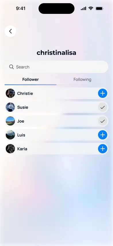 A mobile app screen shows the profile christinalisa with tabs for Follower and Following. Five users are listed, each with a profile photo and a blue plus or grey check icon next to their names.