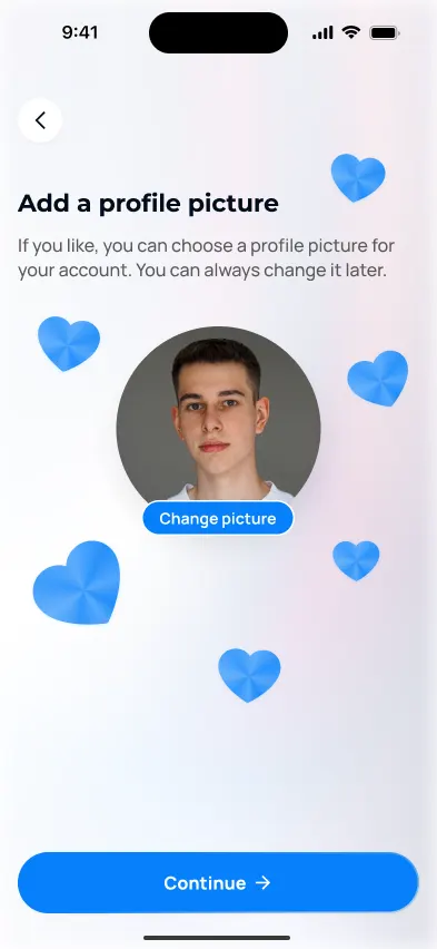 Mobile app screen prompting the user to add a profile picture, showing a young man’s photo in a circular frame, blue heart icons floating around, and buttons for Change picture and Continue.