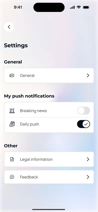 Settings screen of a mobile app showing options for General settings, push notifications (Breaking news off, Daily push on), Legal information, and Feedback. Device status bar is visible at the top.