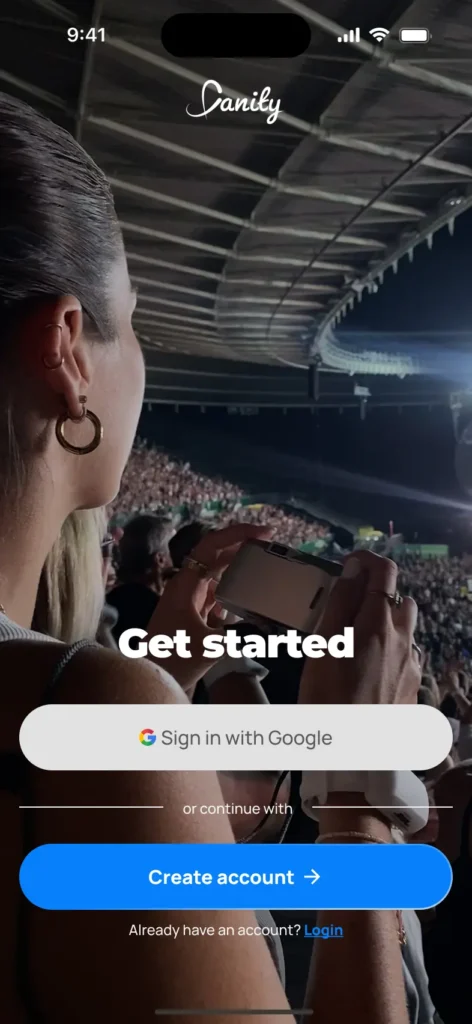 A woman at a crowded stadium holds up her phone, possibly to take a photo or video. The image is overlaid with a mobile app interface showing Get started and sign-in options.