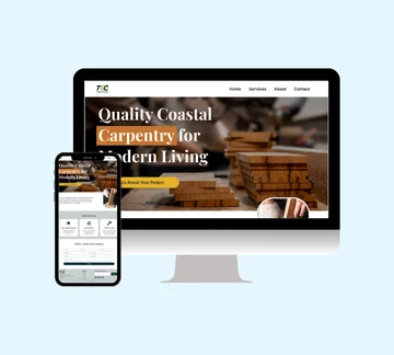 A desktop monitor and smartphone display the same carpentry website homepage, featuring a background image of stacked wooden planks and the headline, Quality Coastal Carpentry for Modern Living.