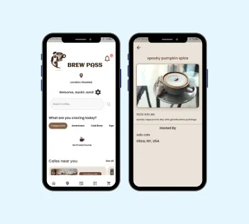 Two smartphones display a coffee app interface. The left screen shows a welcome page with coffee options; the right screen displays details about a coffee event called spooky pumpkin spice with a photo of a cup of coffee.