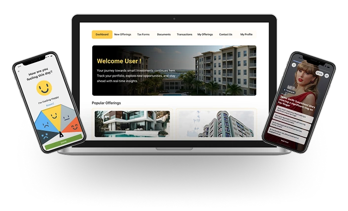 There are two mobile devices and one laptop device which are showing portfolio projects