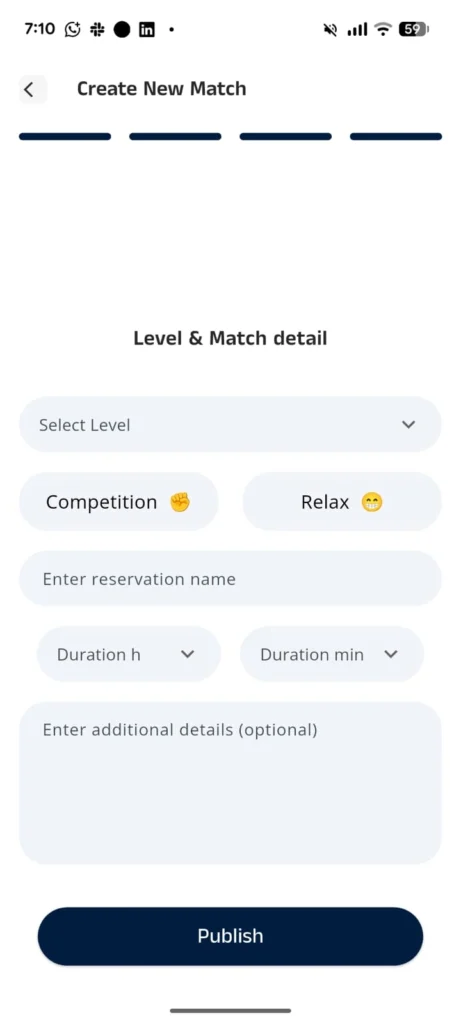 A mobile app screen titled Create New Match displays dropdown menus for selecting level, entering reservation name, setting duration in hours and minutes, and an optional field for additional details, with a Publish button at the bottom.