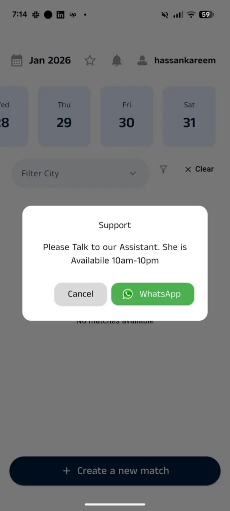 A mobile app screen displays a support message: Please talk to our assistant. She is available 10am-10pm, with Cancel and WhatsApp buttons below. The date and user info appear at the top.