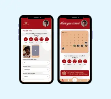 Two smartphones display a hair care tracking app. The screens show a daily hair rating system with photos and a calendar view tracking hair health, featuring a user profile photo at the top right of both screens.