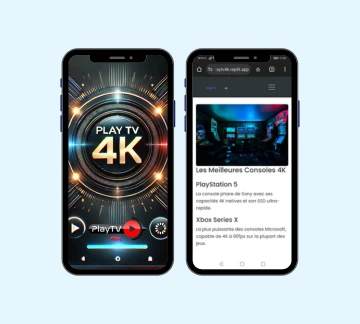 Two smartphones side by side; the left screen shows a PLAY TV 4K graphic with play and navigation buttons, while the right screen displays a webpage about 4K gaming consoles in French.