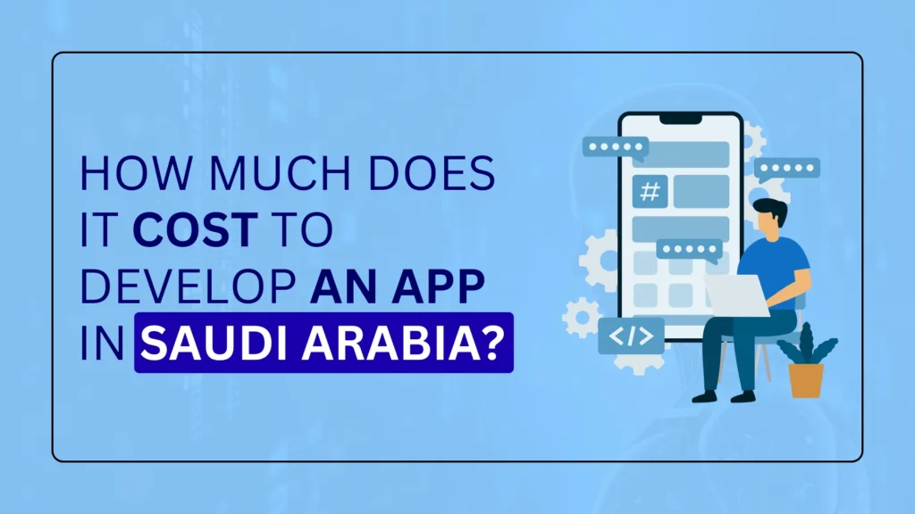A person stands next to a large smartphone displaying app icons. The text asks, How much does it cost to develop an app in Saudi Arabia? The background is blue with subtle tech-themed graphics.