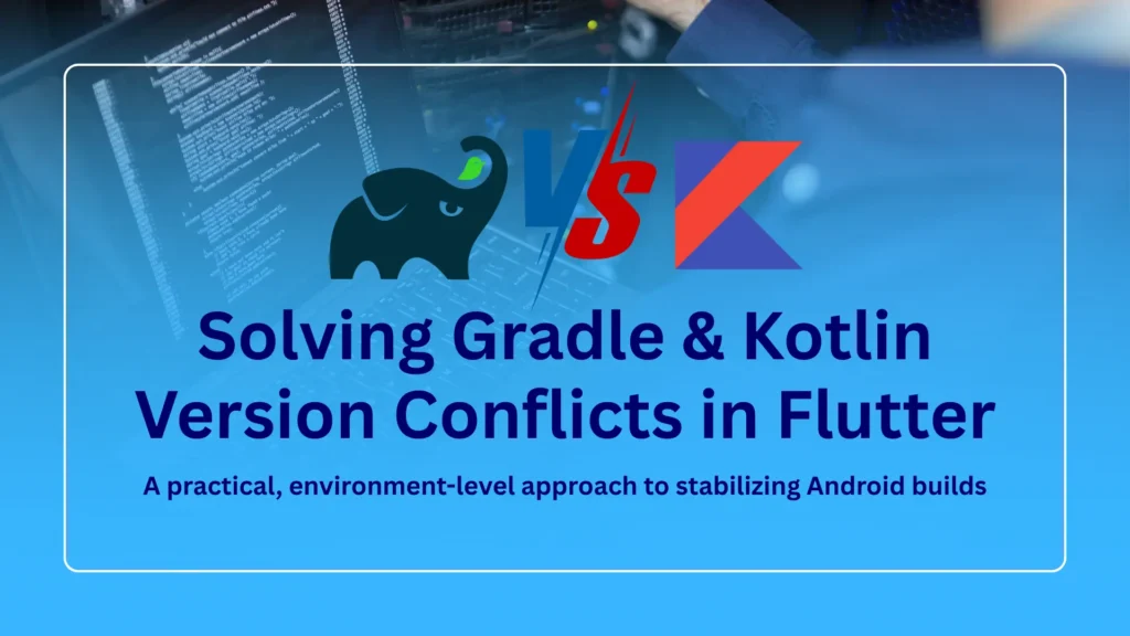 A graphic with Gradle and Kotlin logos facing off, titled Solving Gradle & Kotlin Version Conflicts in Flutter. Subtitle: A practical, environment-level approach to stabilizing Android builds. Background shows a person coding.