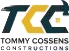 Logo of Tommy Cossens Constructions featuring bold letters TCC in black and gold, with the company name written below in black uppercase letters.